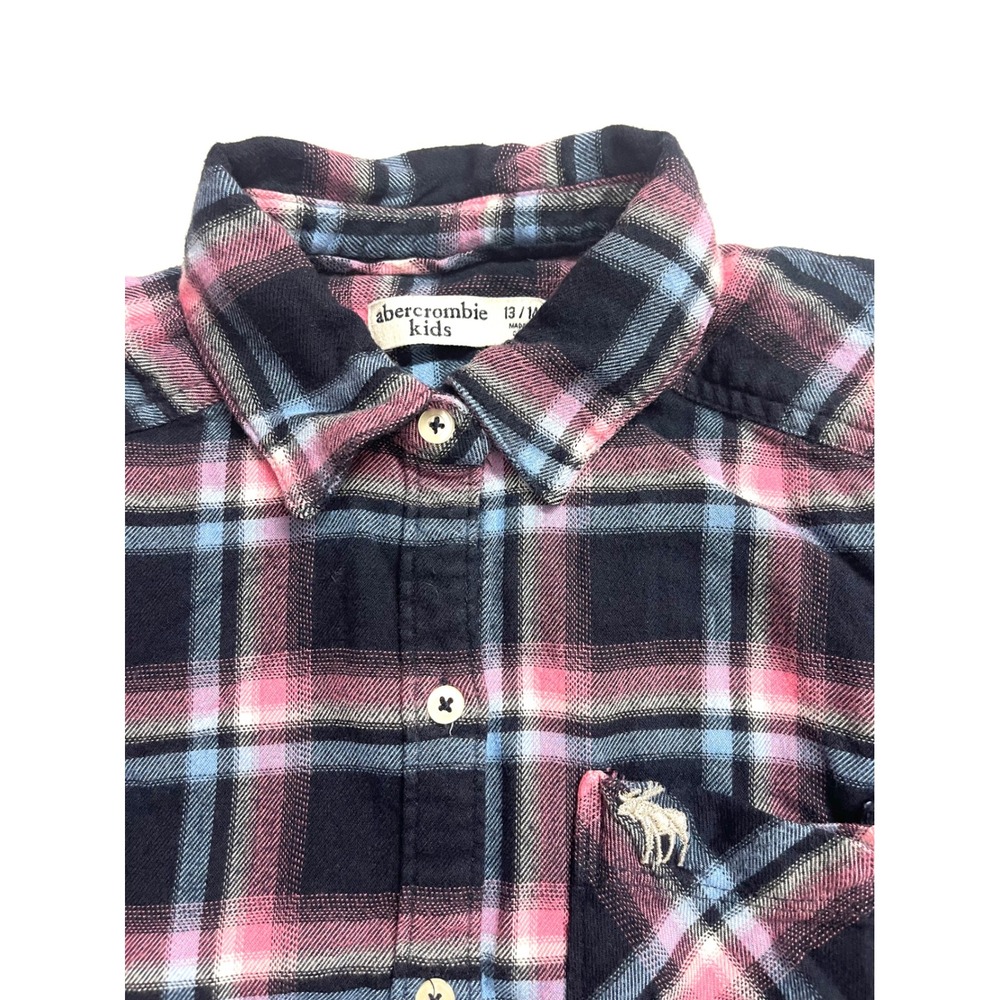 Abercrombie Kids Navy Pink Plaid Flannel Button Down Shirt Size 13/14 Logo